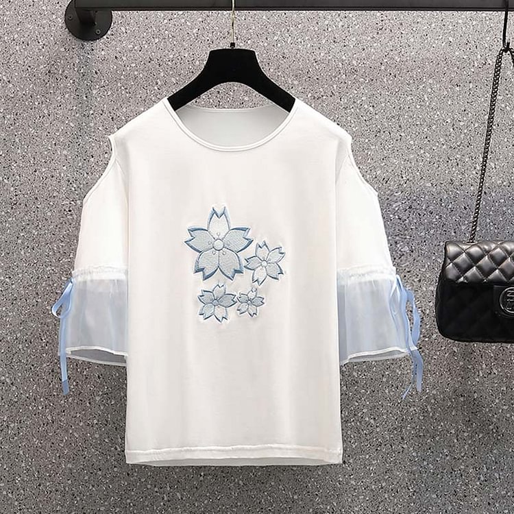 Blossom Embroidery Lace Up T-Shirt Denim Shorts Set - Modakawa modakawa