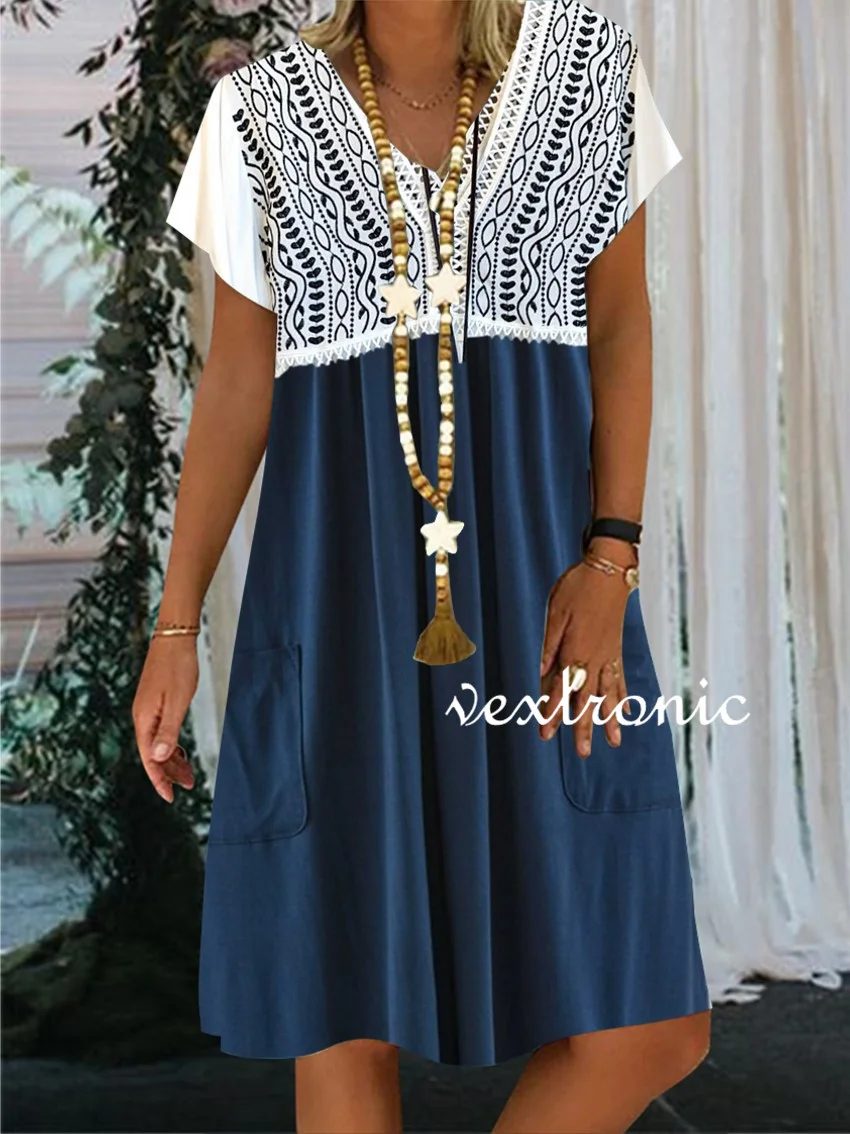 Women Short Sleeve V-neck Graphic Printed Midi Dress