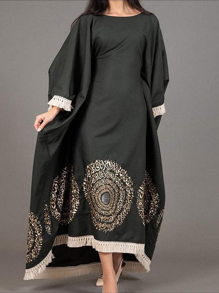 Black Print Simple Round Neck Long Sleeve Dress