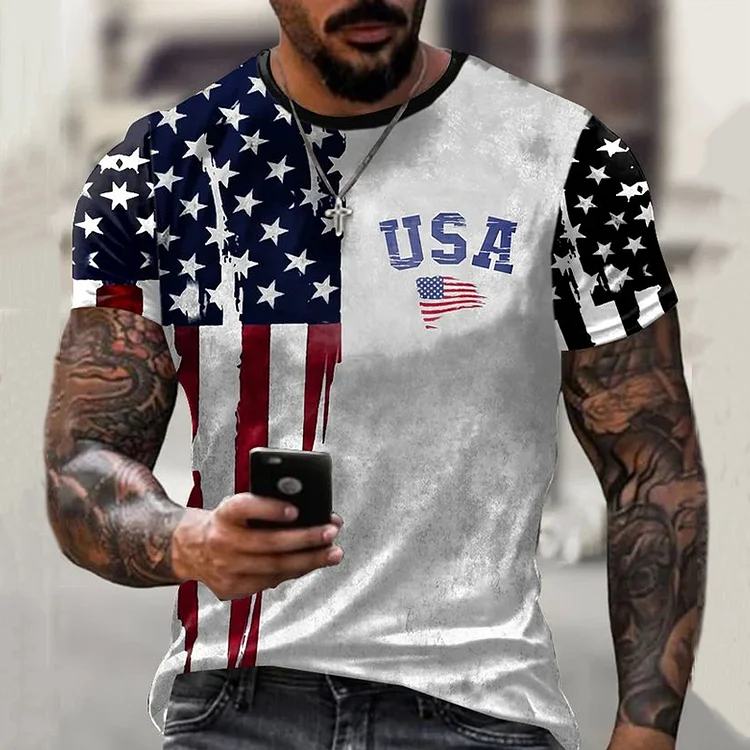 Comstylish Men's USA Flag Print Casual T-Shirt