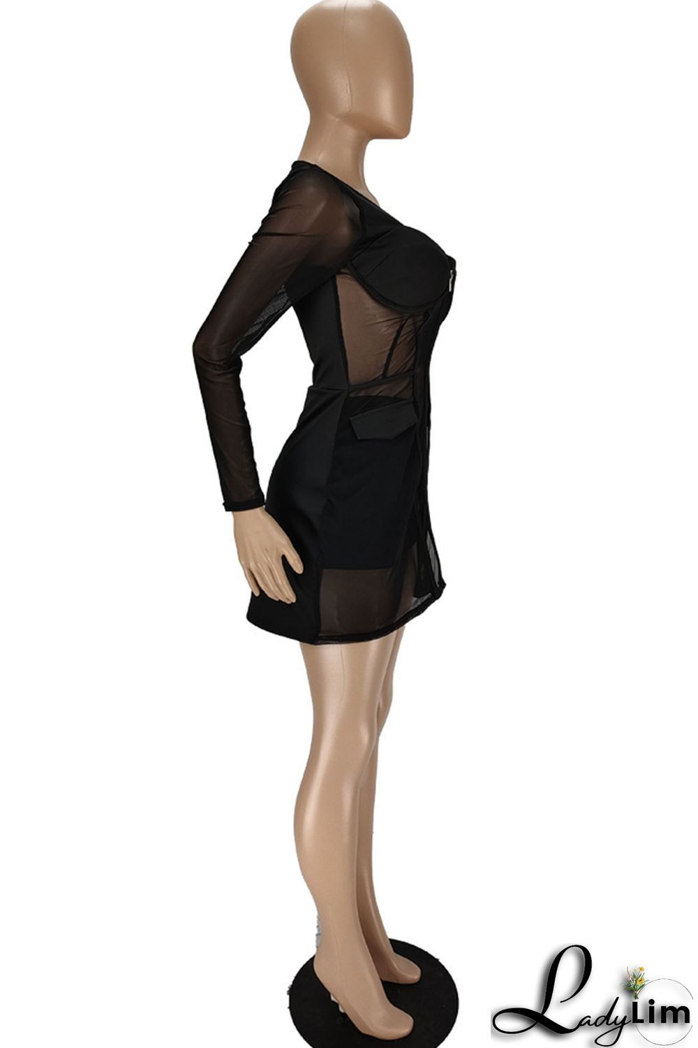 Tangerine Red Sexy Solid Mesh Square Collar Long Sleeve Two Pieces