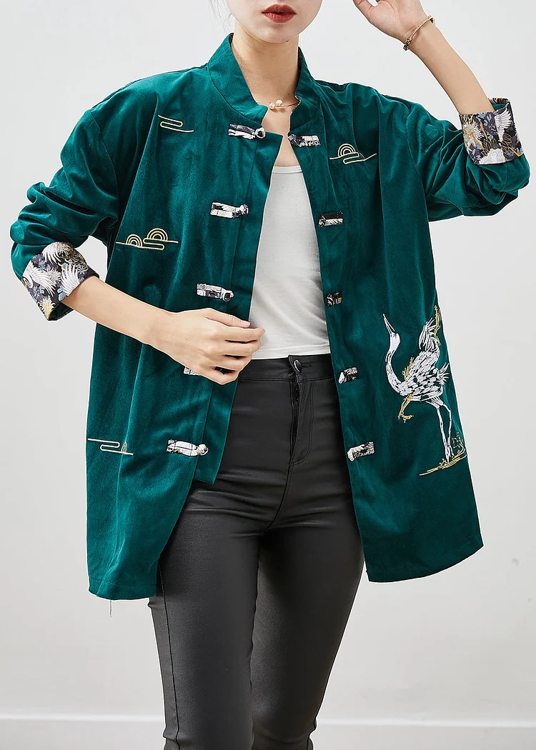Blackish Green Silk Velour Jackets Embroideried Chinese Button Fall