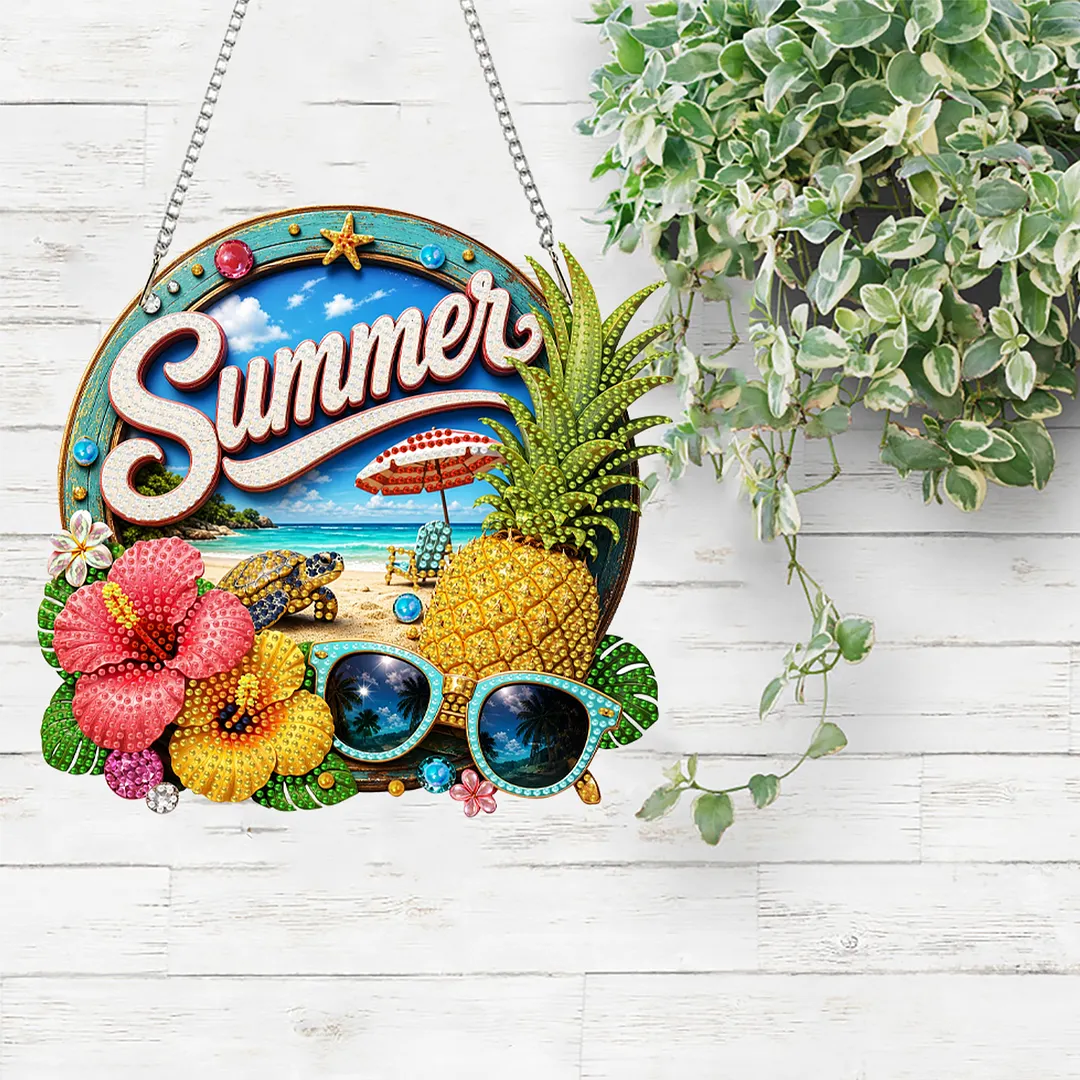Summer Pineapple Beach 2D Flat DIY PET Diamond Painting Pendant Special Shape Hanging Gem Art Paintings Charm Single Side Drill for Adults Home Wall Window Decor