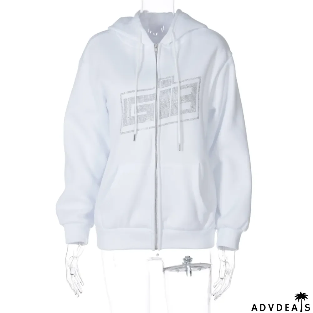 Autumn Sequin White Hooded Long Sleeve Jacket