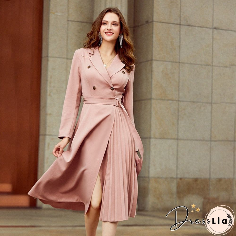 Vintage pleated belt plaid dress women Elegant office ladies blazer dresses Long sleeve female autumn midi party dress