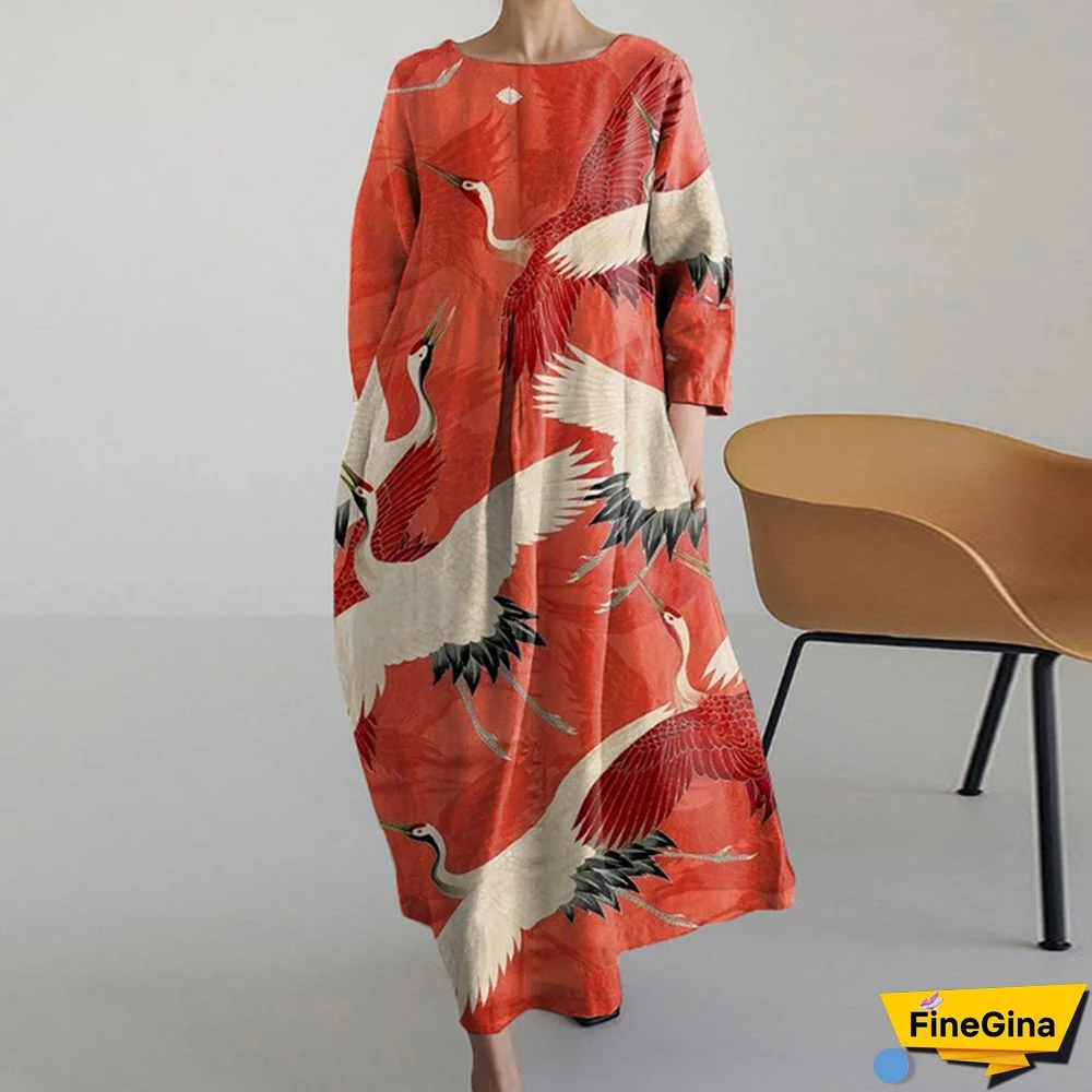 Vintage Feihe Round Neck Long Sleeve Midi Dress