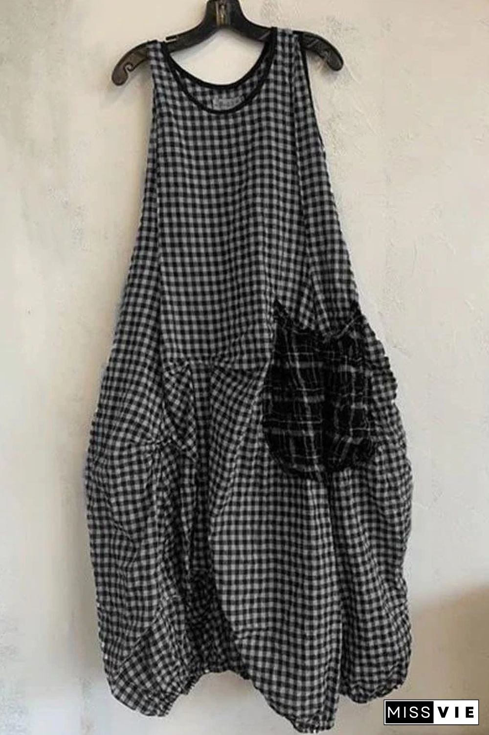 Plaid Print Color-block Paneled Pockets Vintage Midi Dress