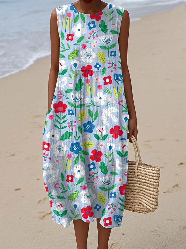 Women's Vintage Flowers Art Print Sleeveless Cotton Pocket Wrap Dress