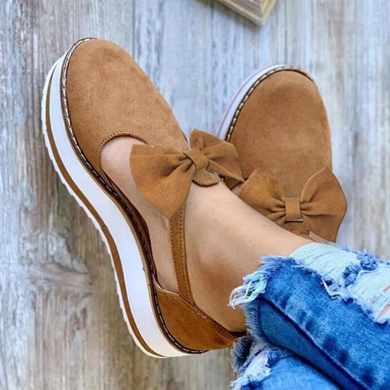 Women Bowtie Platform Flat Loafer Summer Shoes Ladies Slip On Cover Heel Shoes Female Sewing Woman Fashion Footwear Plus Size