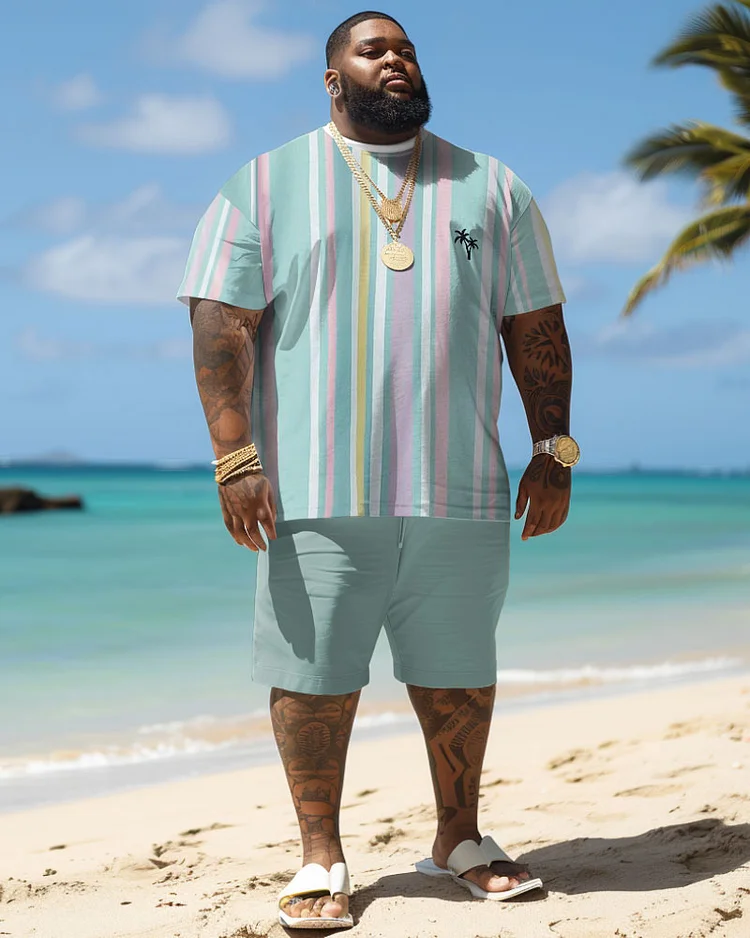 Men's Plus Size Hawaiian Striped Coconut Tree Print T-Shirt Shorts Suit