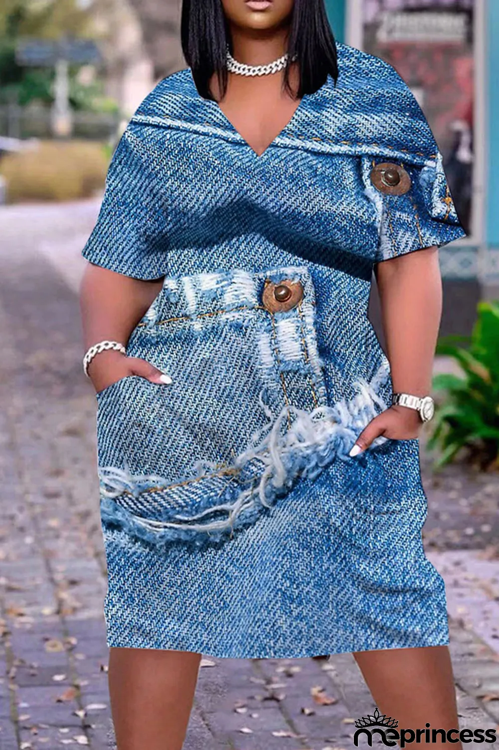 Red Casual Street Print Patchwork V Neck Straight Dresses