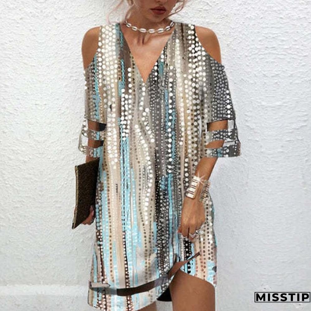 Summer Lace Cuff Hollow Out Short Sleeve Ladies Dress Floral Print Deep V Neck Mini Dress