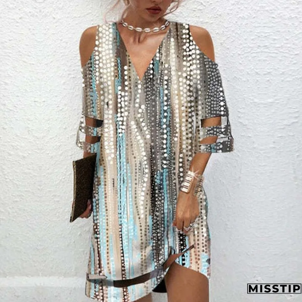 Summer Lace Cuff Hollow Out Short Sleeve Ladies Dress Floral Print Deep V Neck Mini Dress