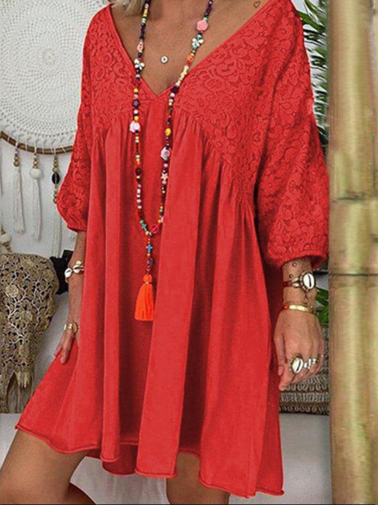 Women's 3/4 Sleeve V-neck Lace Stitching Midi Dress