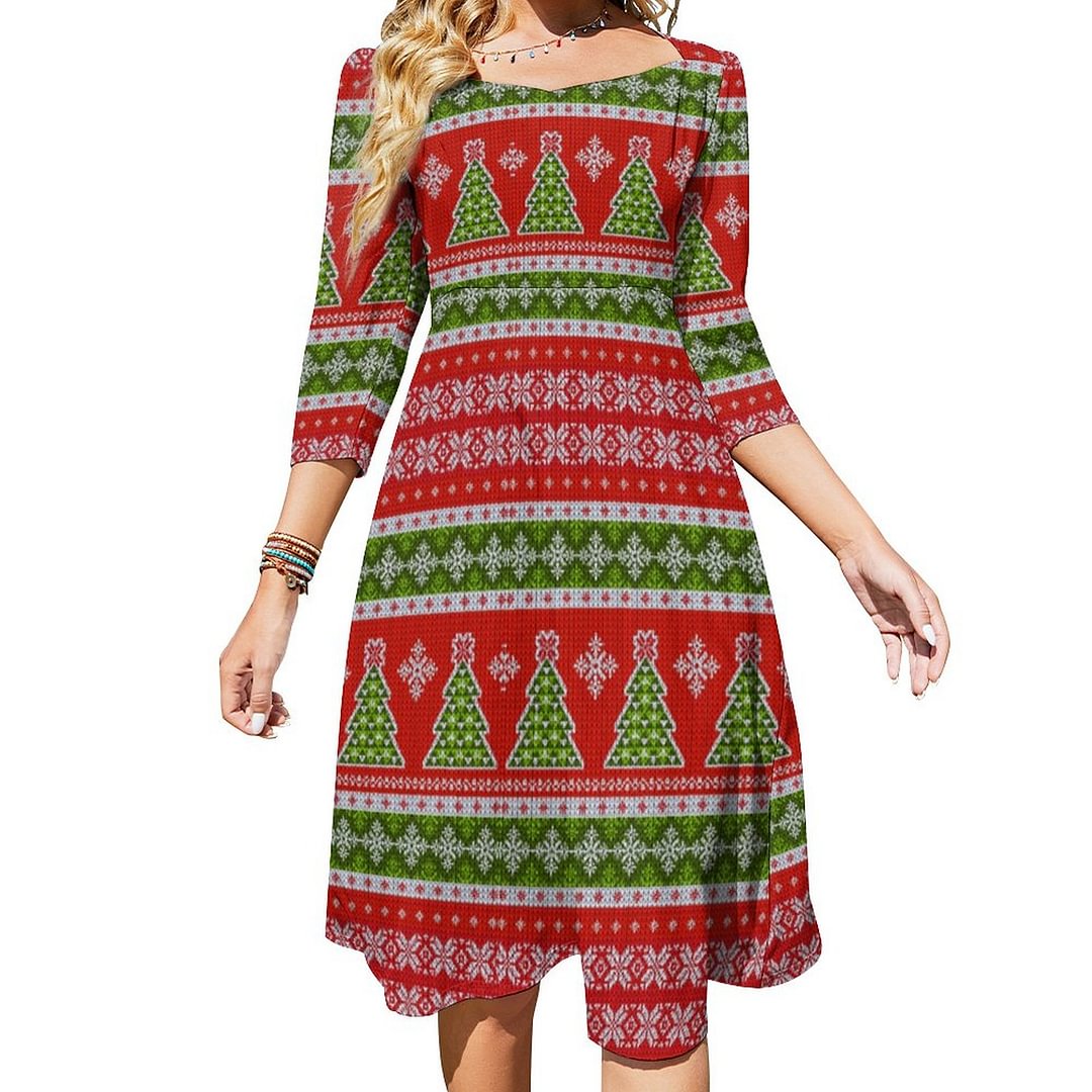 Knit Sweater Look Red White And Green Christmas Dress Sweetheart Tie Back Flared 3/4 Sleeve Midi Dresses