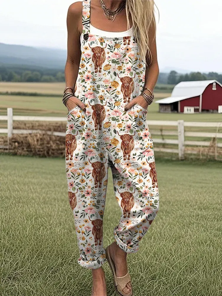 Women's Vintage Highland Cow Floral Print Casual Wide Leg Jumpsuit