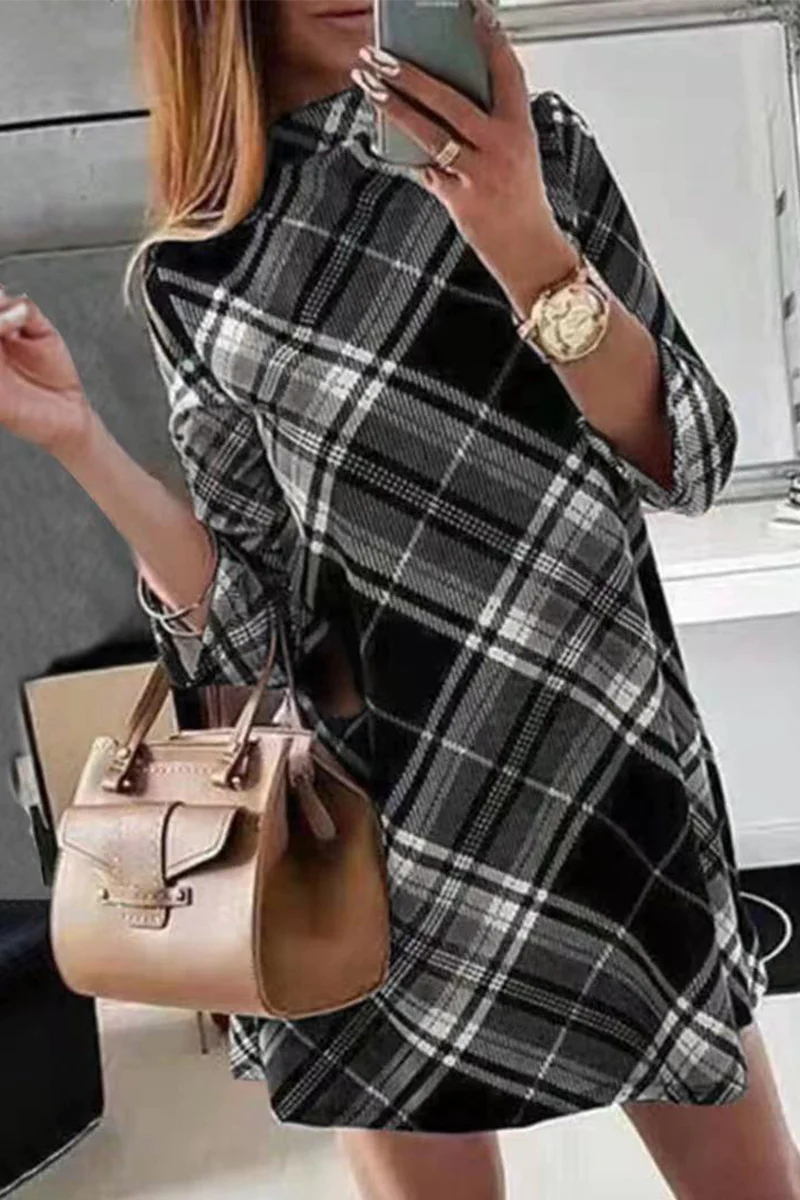 Street Plaid Half A Turtleneck Straight Dresses
