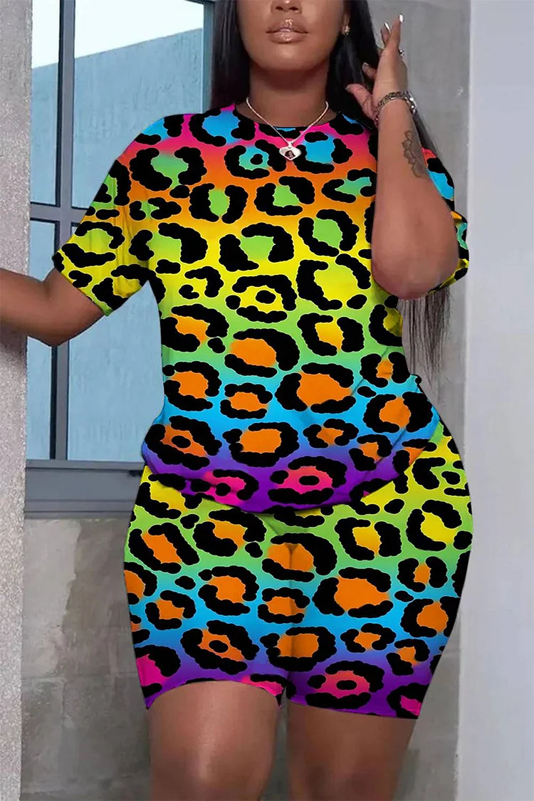 Plus Size Casual Rainbow Leopard Print Short Sleeve Two Pieces Short Sets 