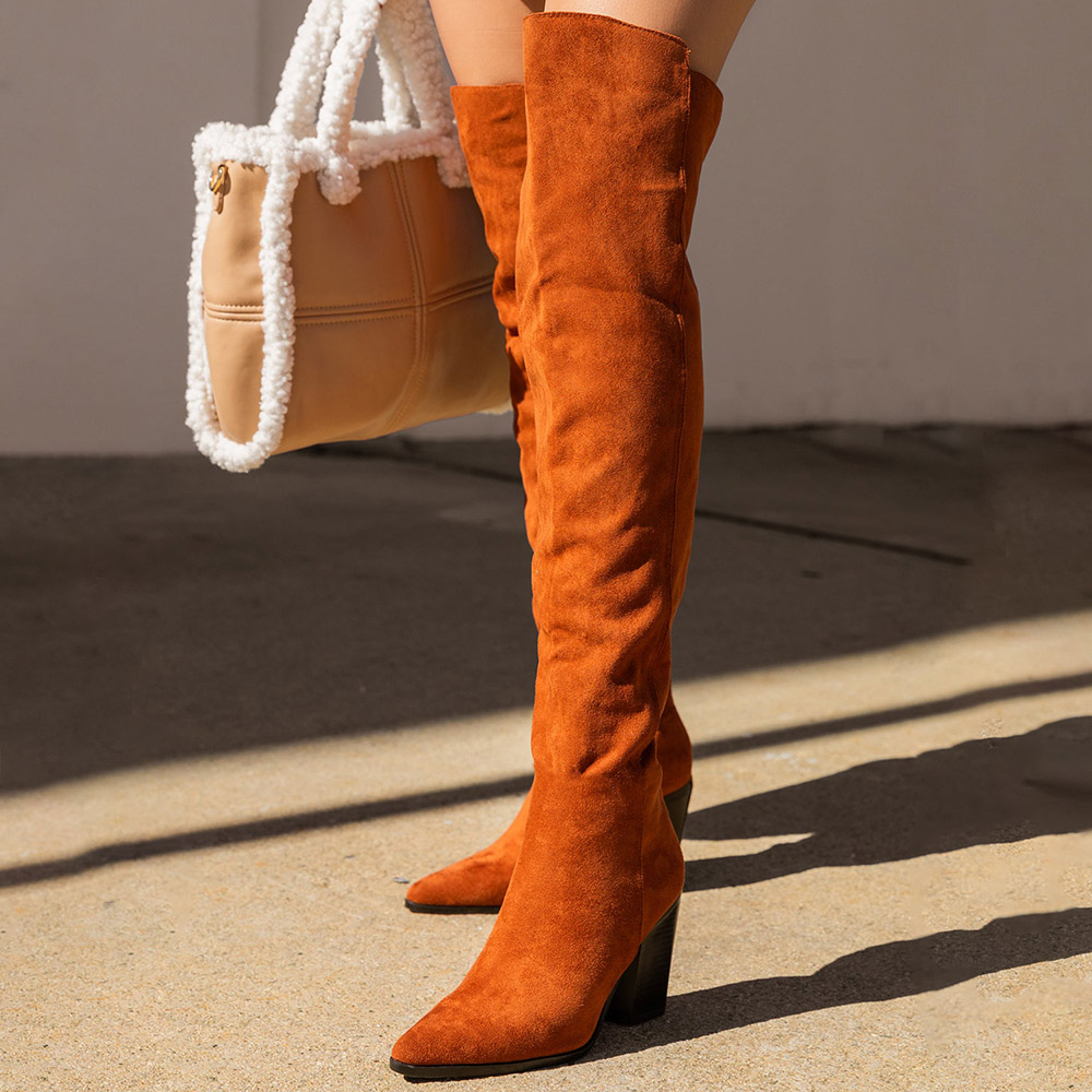 Women's Brown Vegan Suede Pointed Toe Heeled Over The Knee Fall Boots Nicepairs