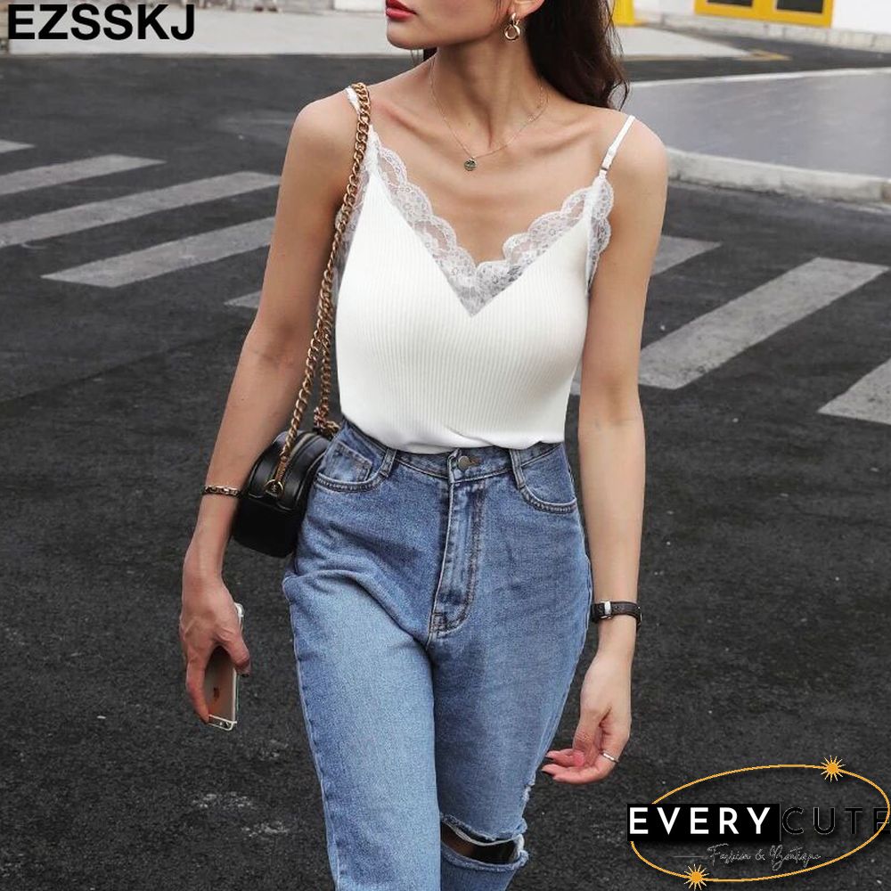 Sexy Basic Lace Camisole Summer Knit Tank Top Women Adjustable strap female camis high