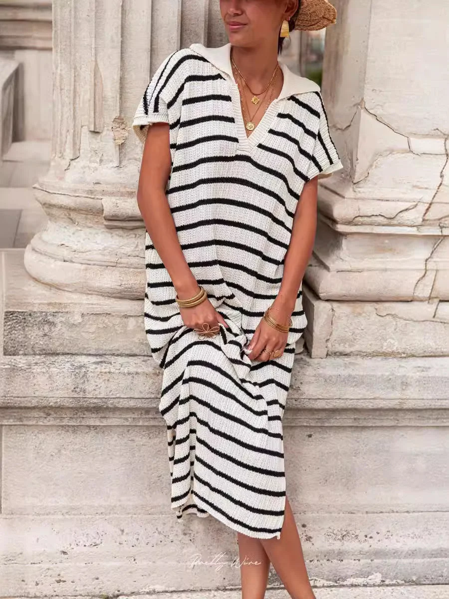 Style & Comfort for Mature Women Women's Short Sleeve V-neck Striped Printed Midi Dress