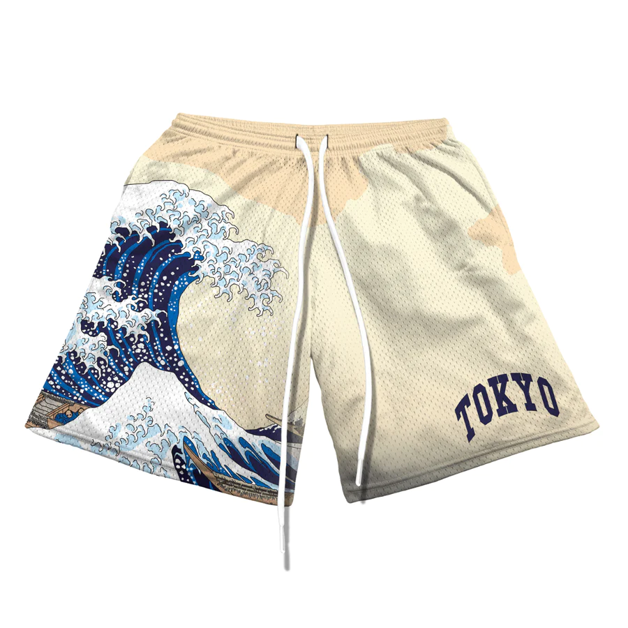 Sopula Kanagawa Wave Print Casual Mesh Shorts - SOPULA