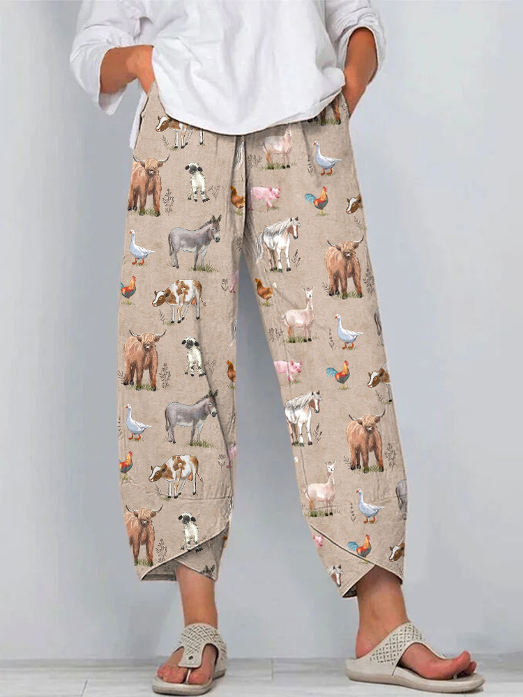 Comstylish Farm Animals Print Linen Blend Casual Pants