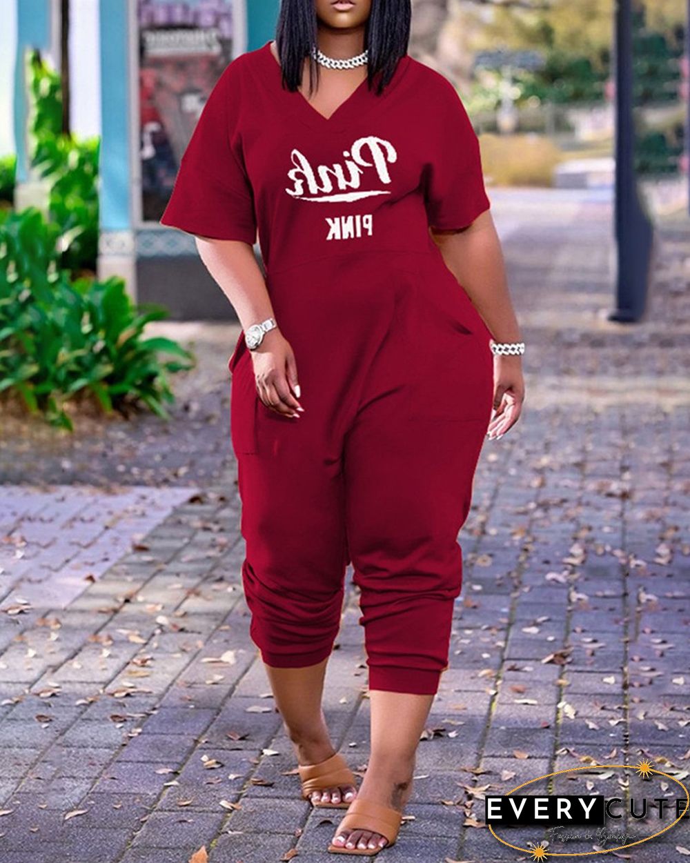 Letter Print V-Neck Short Sleeve Pocket Design Jumpsuit