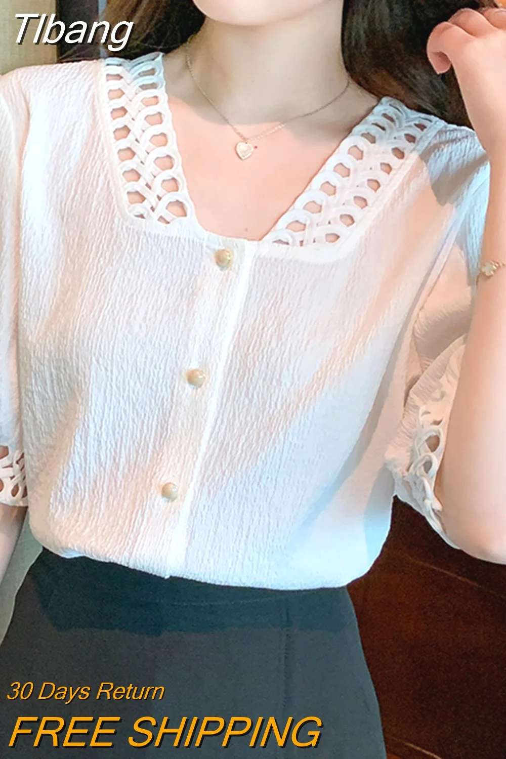 Tlbang Shirts V Neck Fashion Hollow Out Chiffon Women Blouse and Tops New Office Lady Short Sleeve White Clothing Blusas 20231