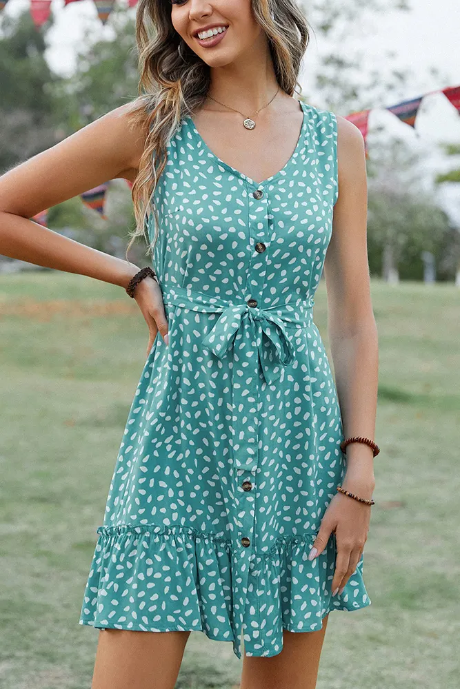 V Neck Buttoned Printed Sleeveless Dress With Sash
