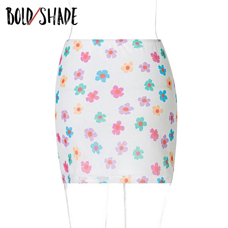 Bold Shade 90s Skater Girl Mini Skirt Floral Print Mid Waist Indie Preppy Style Streetwear Skirt Sexy Aline Bodycon Outfits Hot