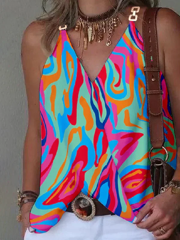 Sleeveless Printed Split-Joint V-Neck Vest Top