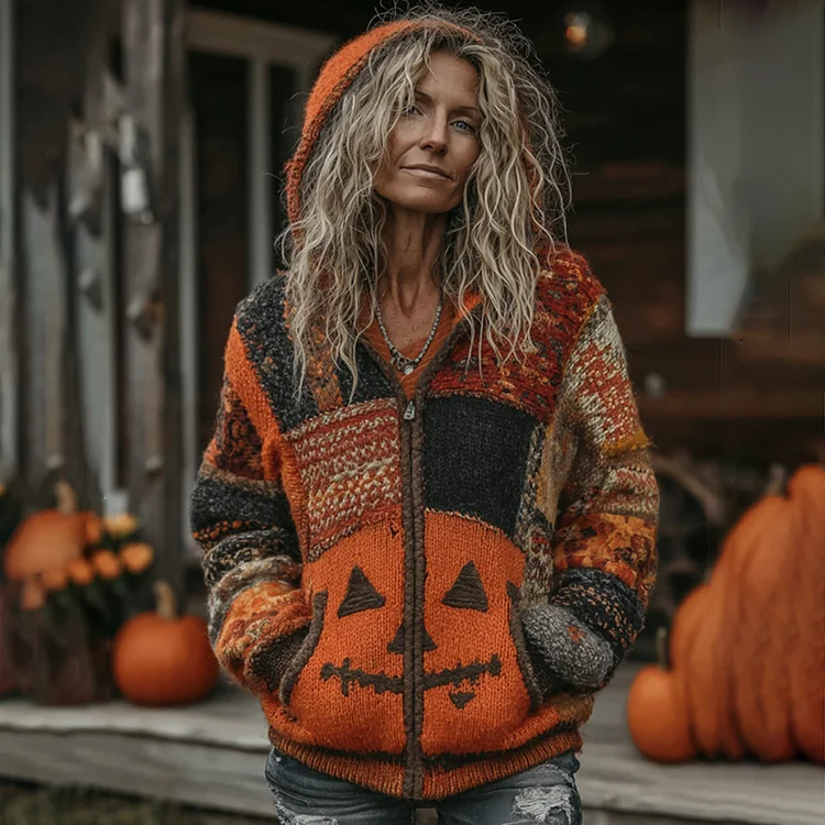 Halloween Pumpkin Face Patchwork Art  Cozy Knit Hooded Cardigan