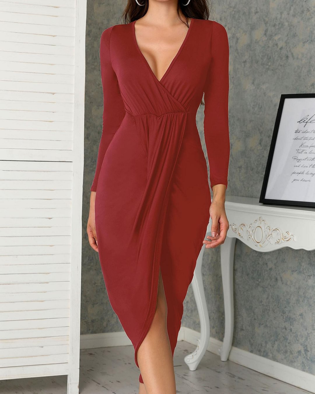 Deep V Ruched Tulip Hem Party Dress | EGEMISS