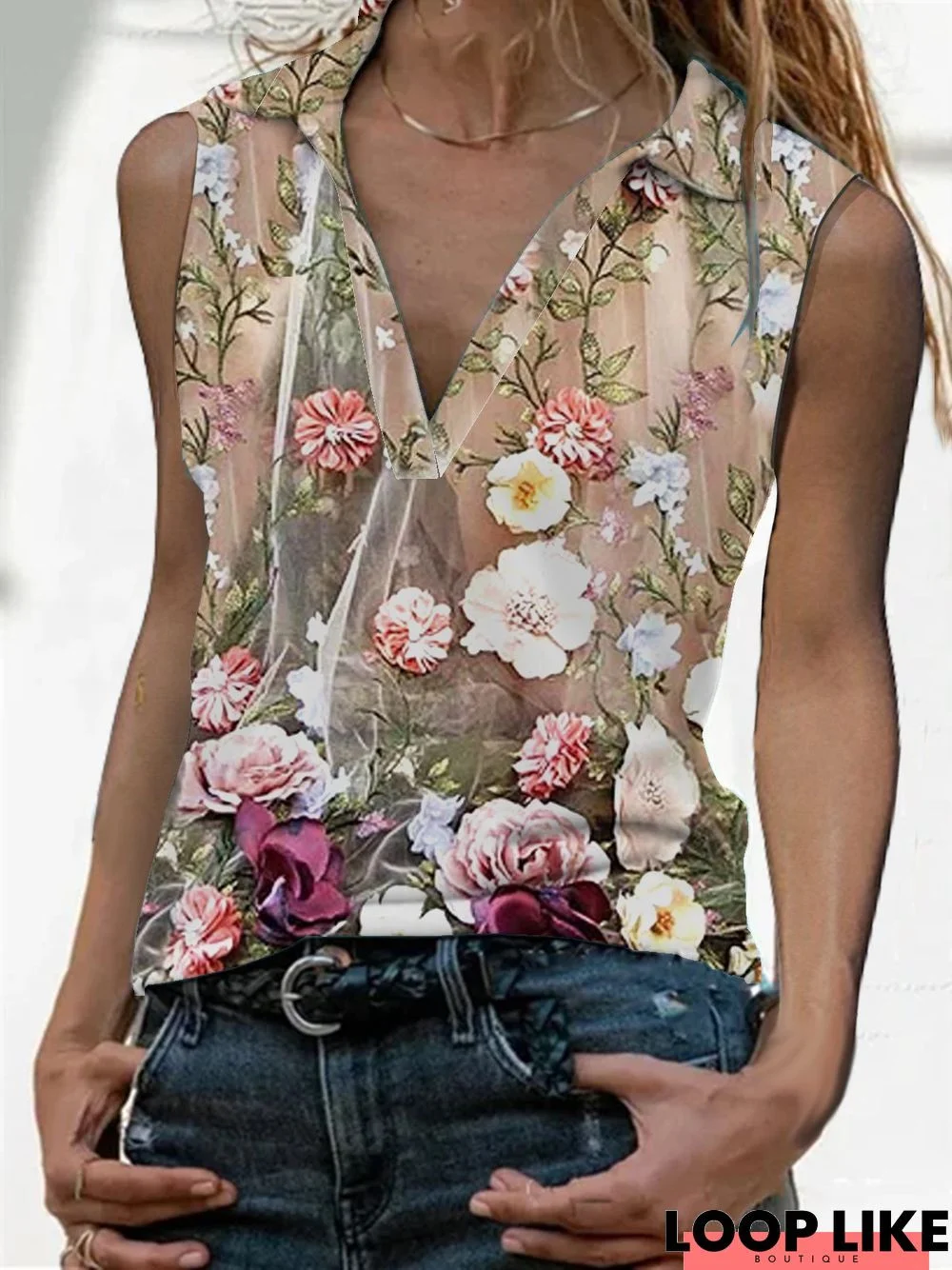 Floral-Print Sleeveless T-shirt