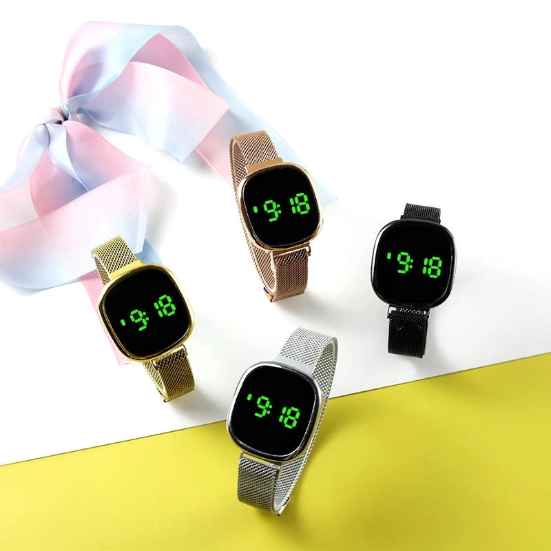 Spot New Korean Square Watch Men’s Touch LED Wrist Watch Fashion Trend Magnetic Buckle Mesh Belt Steel Band Electronic Watch