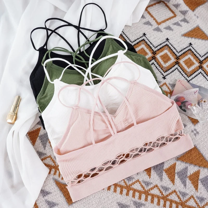 Women Tank Crop Top Bra Underwear Seamless Tube Top Sexy Hollow Beauty Back Lingerie Female Wire Free Intimates Padded Camisoles