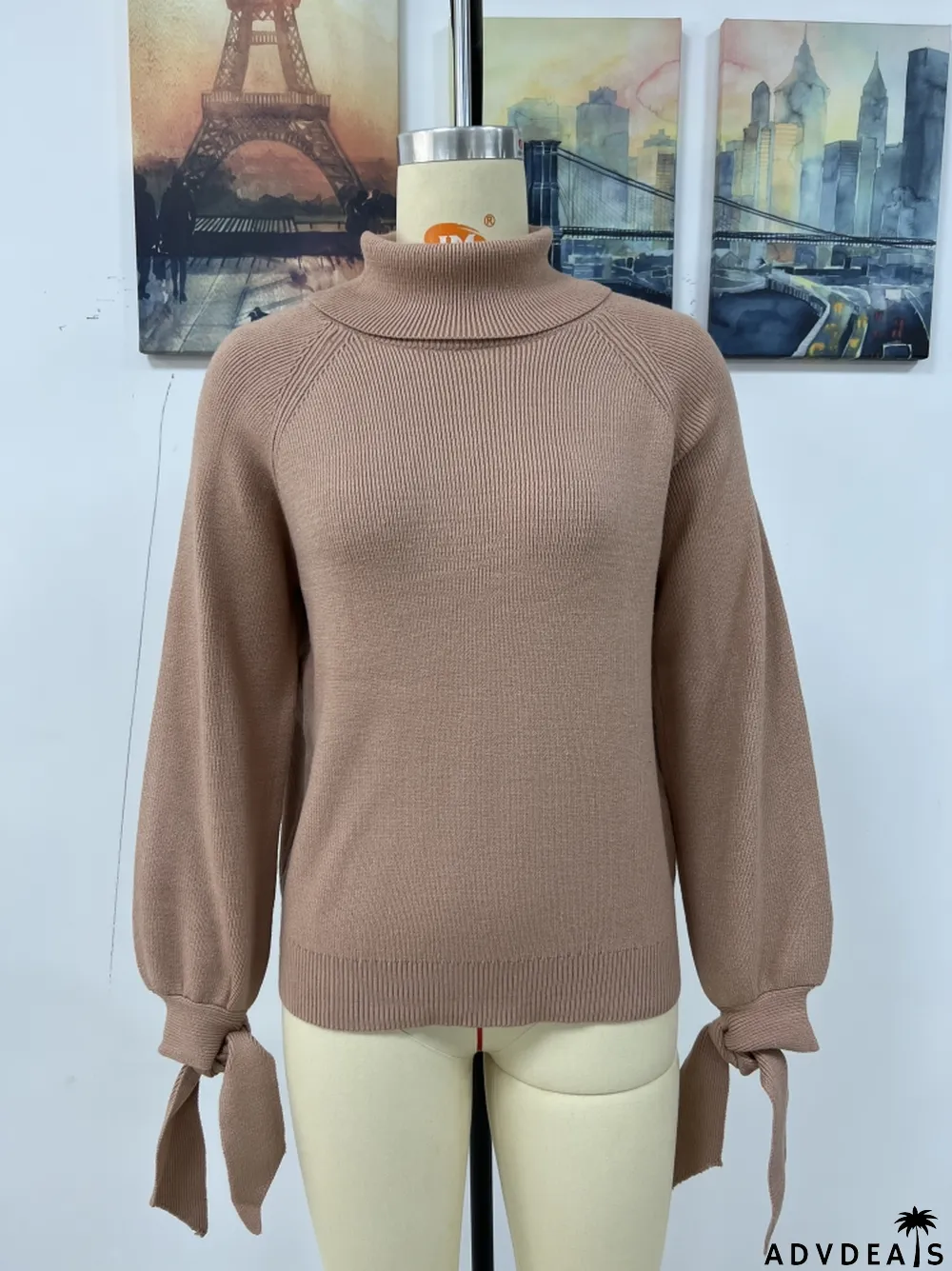 Women's autumn and winter fashion lace-up long sleeve knitting loose pullover turtleneck sweater