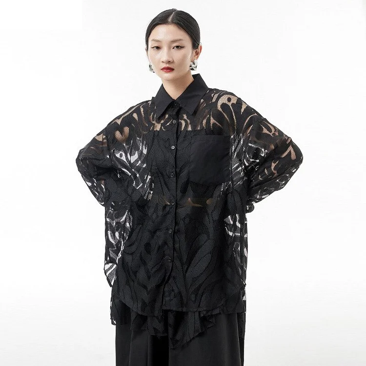 Elegant Lapel Solid Color Perspective Hollow Out Lace Long Sleeve Splicing Ruffled Hem Shirt 