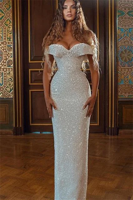 Daisda Mermaid Off-the-Shoulder White Sequins Prom Dress