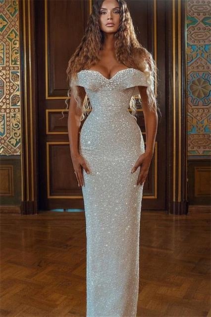 Off-the-Shoulder White Sequins Prom Dress Mermaid PD0481