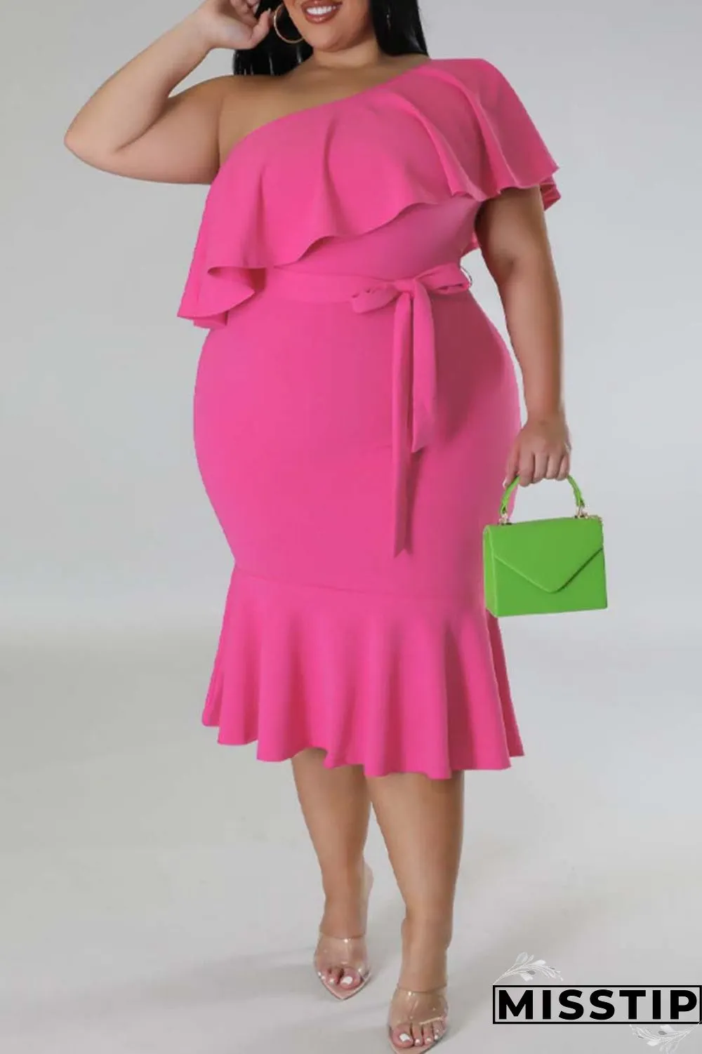 Green Casual Solid Patchwork Backless Oblique Collar Plus Size Dresses