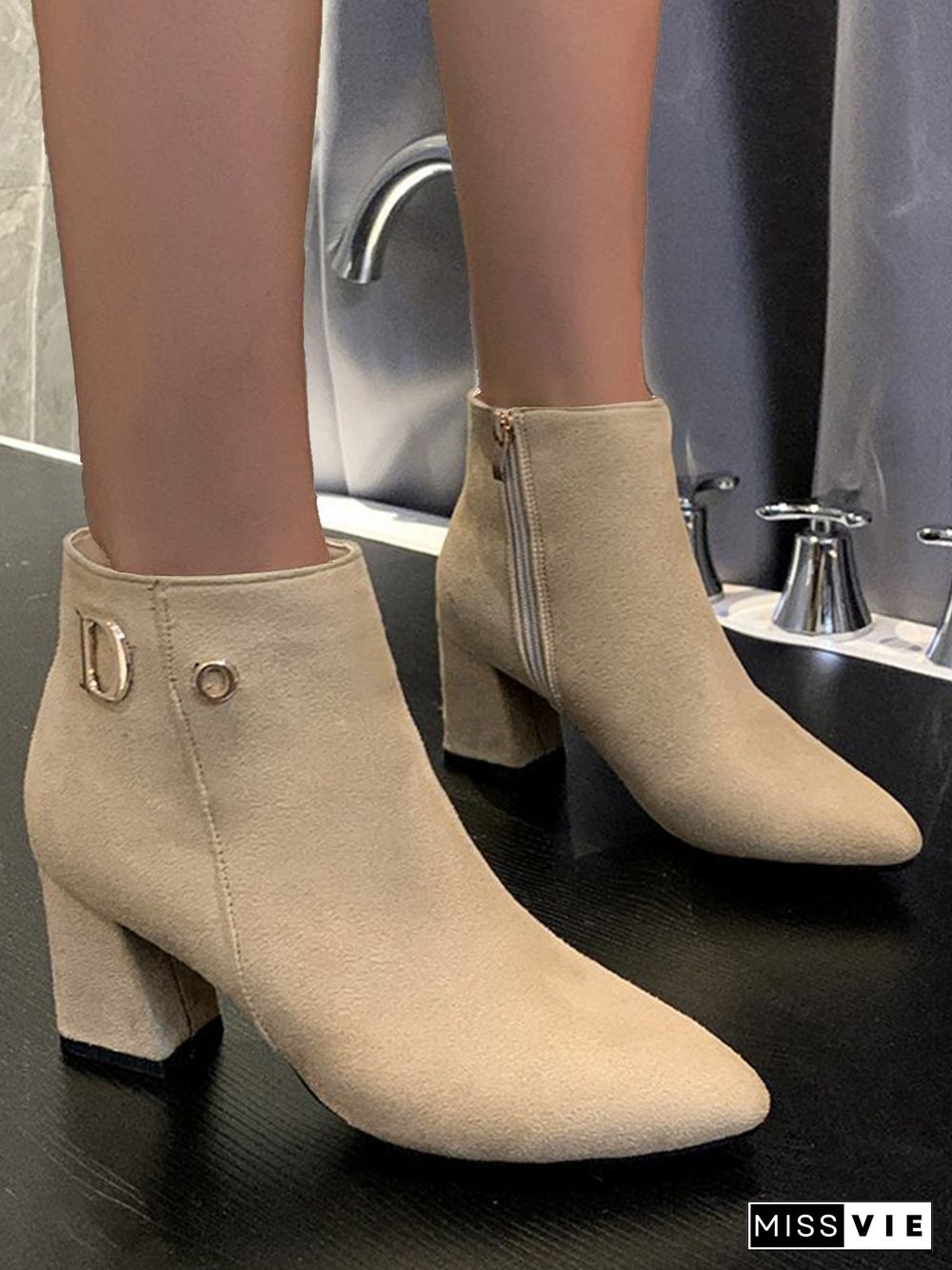 Side Zip Faux Suede Pointed Toe Chunky Heel Booties