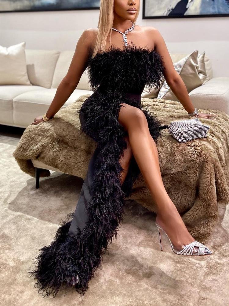 Promsstyle Strapless feather skinny asymmetric maxi party dress Prom Dress 2023