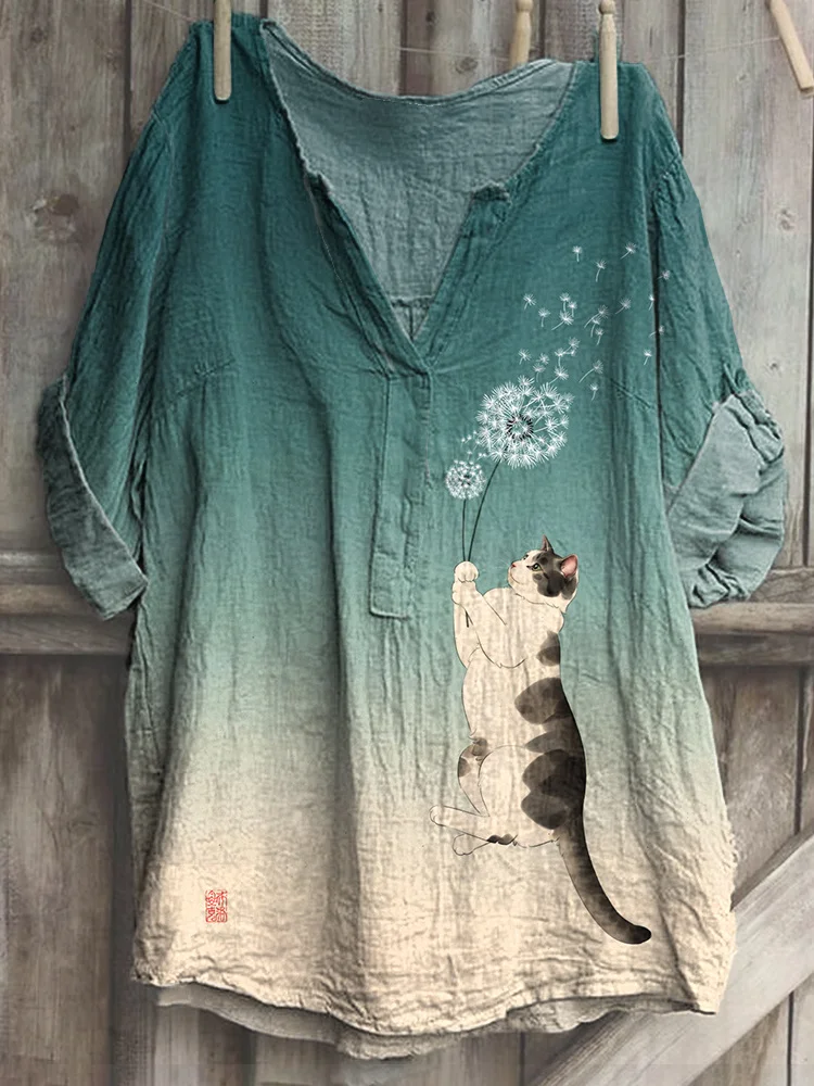 Funny Cat & Dandelion Print Cozy Cotton Linen Shirt