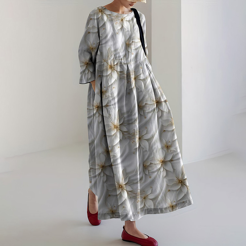 Simple Floral Print Women'S Round Neck Dress artswardrobe