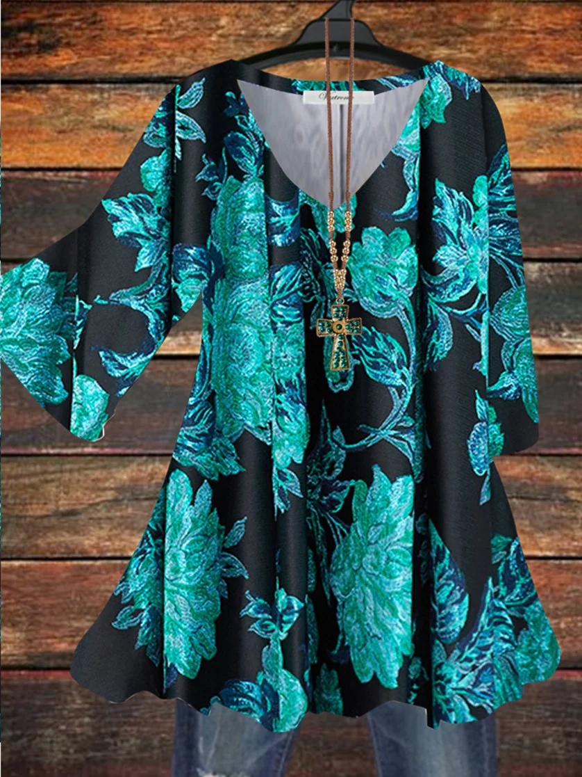 Women Half Sleeve V-neck Solid Color Dress