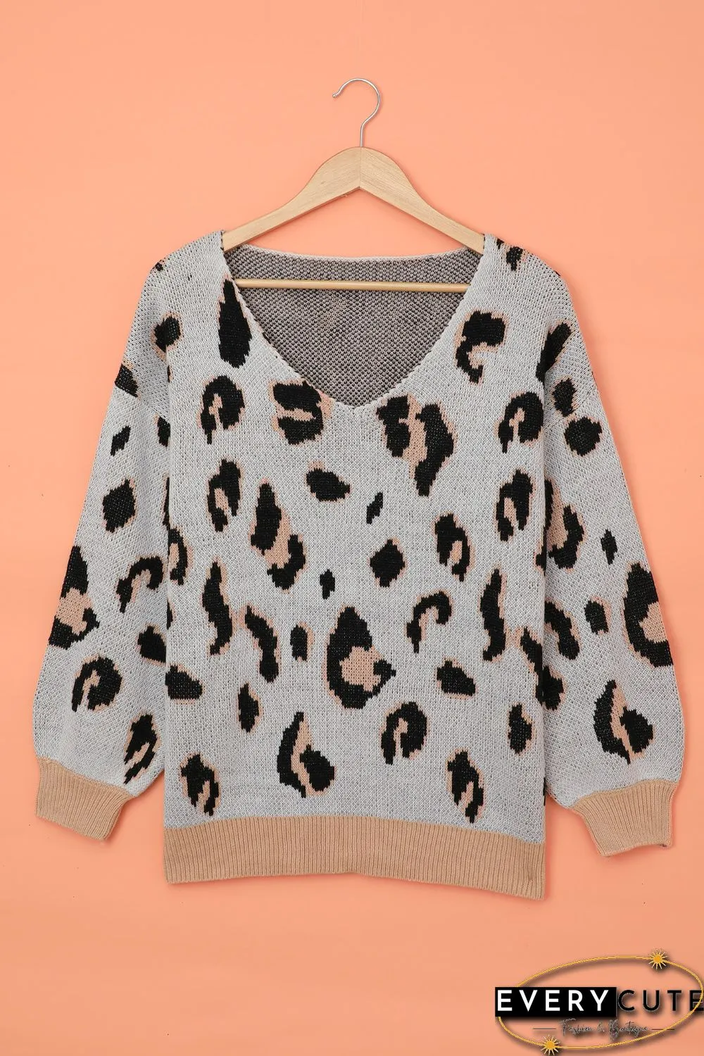 White V-neck Leopard Print Puff Sleeve Sweater