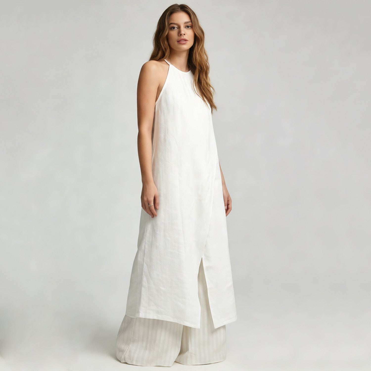 Linen Maxi Dress Women 100% Linen Halter Neck Split Summer Dress Breathable REAL SILK LIFE