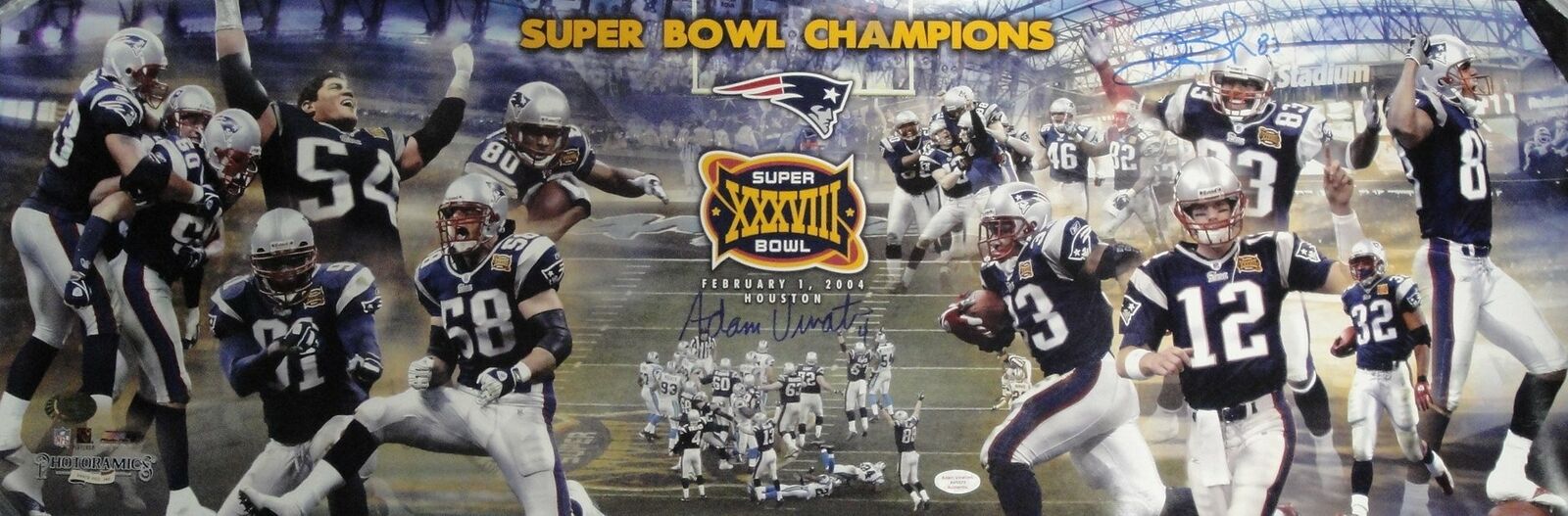 Adam Vinatieri Deion Branch Signed Autographed 12X34 Photo Poster paintings 2004 Superbowl AV